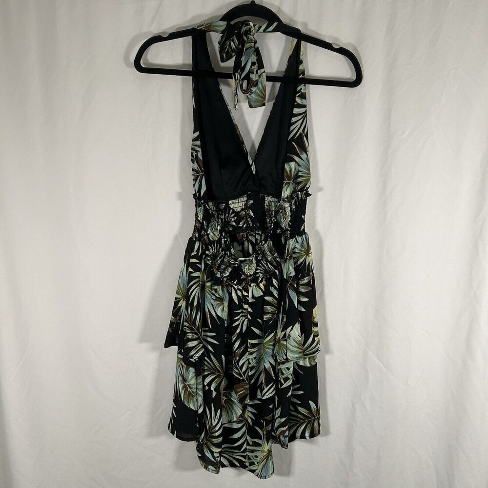 Madden NYC Mini Dress Women's Small Green Floral Smocked Sleeveless Tie Neck - Picture 4 of 9